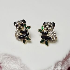 Rhinestone Panda Stud Earrings Tree Branch 🐼 Sparkly Cute Animal Jewelry NWT